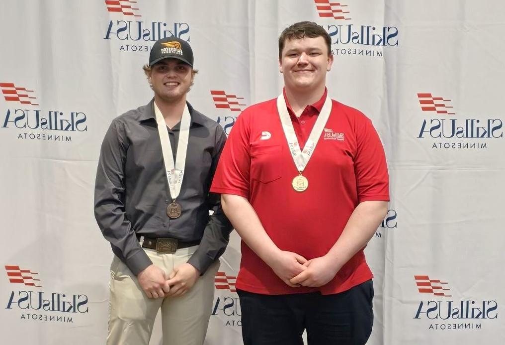 M State Diesel Equipment Technology students Cole Riegert, left, and James Bergren both brought home medals from the 2024 SkillsUSA Minnesota State Championships. Riegert took first place in the college-level competition while Bergren, a student at Lake Park Audubon High School who attends M State through the PSEO program, took third place in the high school division.